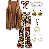 CICOCI 60s 70s Outfit For Women Hippie Costume 8pcs Fringe Vest Flared Pants Costume Peace Sign Necklace Earrings