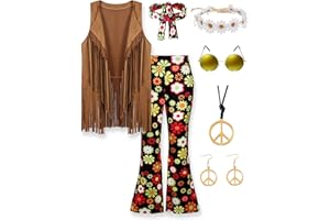 CICOCI 60s 70s Outfit For Women Hippie Costume 8pcs Fringe Vest Flared Pants Costume Peace Sign Necklace Earrings