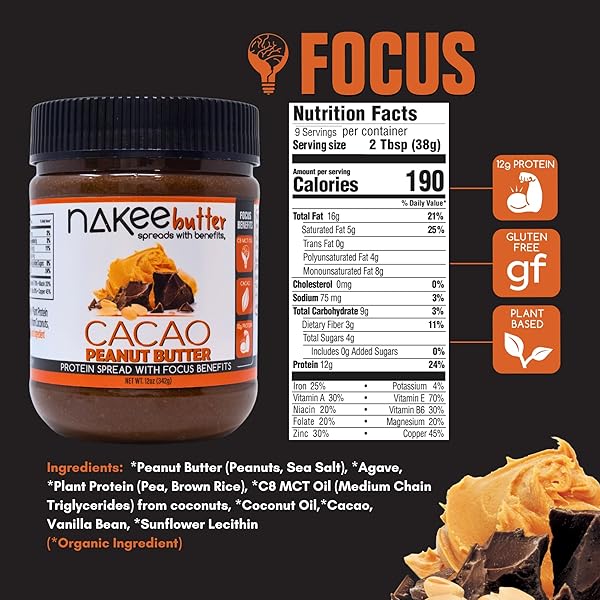 NAKEE BUTTER: FOCUS NUT BUTTER, KETO PEANUT BUTTER WITH CACAO & MCT OIL, HIGH PROTEIN, LOW CARB – ON-THE-GO SPREAD (12 OZ)