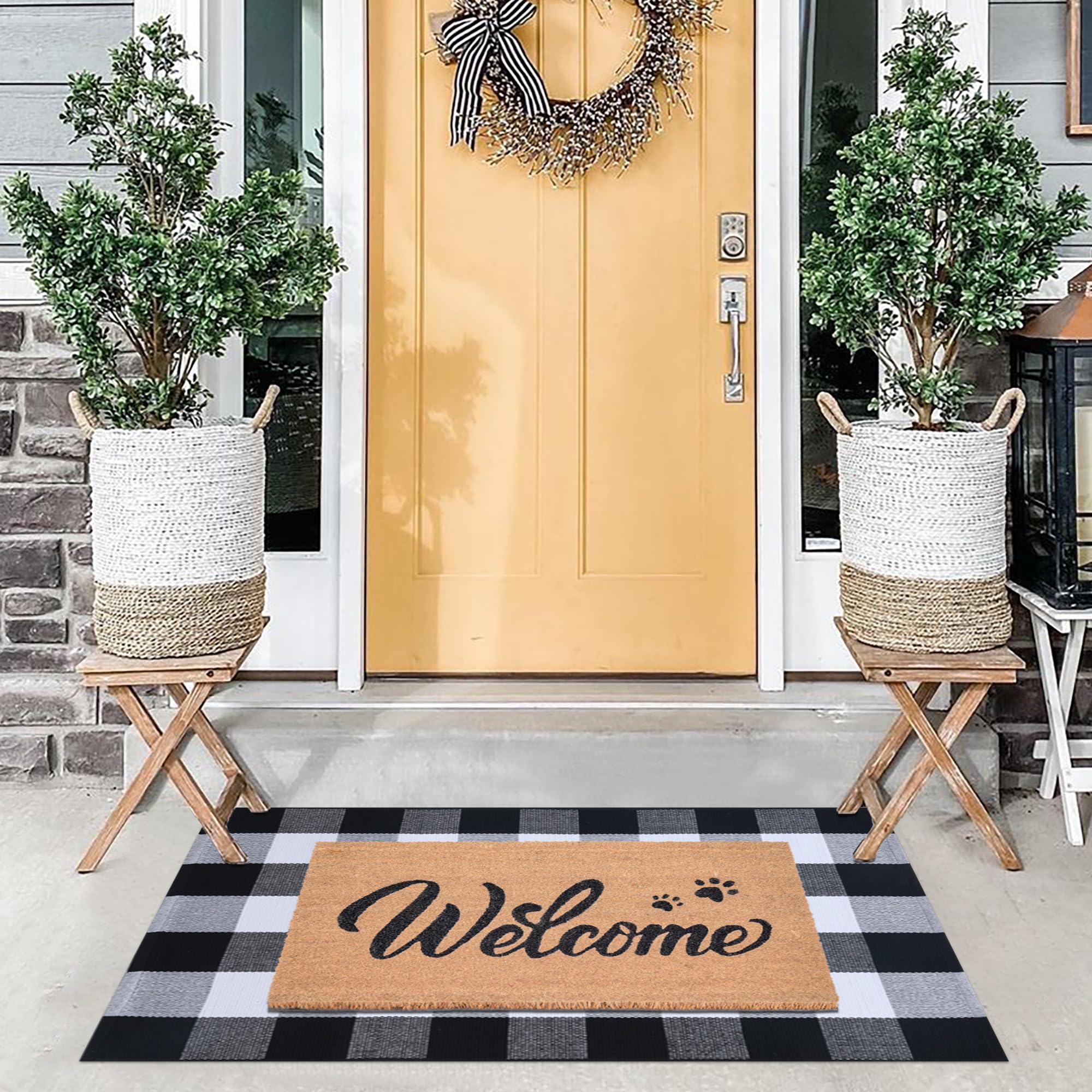 Fallovea Welcome Front Door Mats Combo Set, 100% Coco Coir Doormat with Welcome & Cute Pet Paw Prints + 28" x 43" Black and White Plaid Rug, Spring Front Porch Entryway Decor Indoor Outdoor Floor Mats