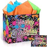 Wayyogh Neon Glow Party Favor Gift Bags - Large Colorful Happy Birthday Bags with Card Tissue Wrapping Paper for Men Women - Neon Glow in Dark Party Decoration Supplies