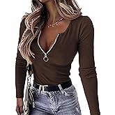 OwnTime Womens Sexy Tops Long Sleeve Henley Shirts Fitted Low Cut Tops Ribbed Zipper V Neck Cleavage Fall Shirts Blouses