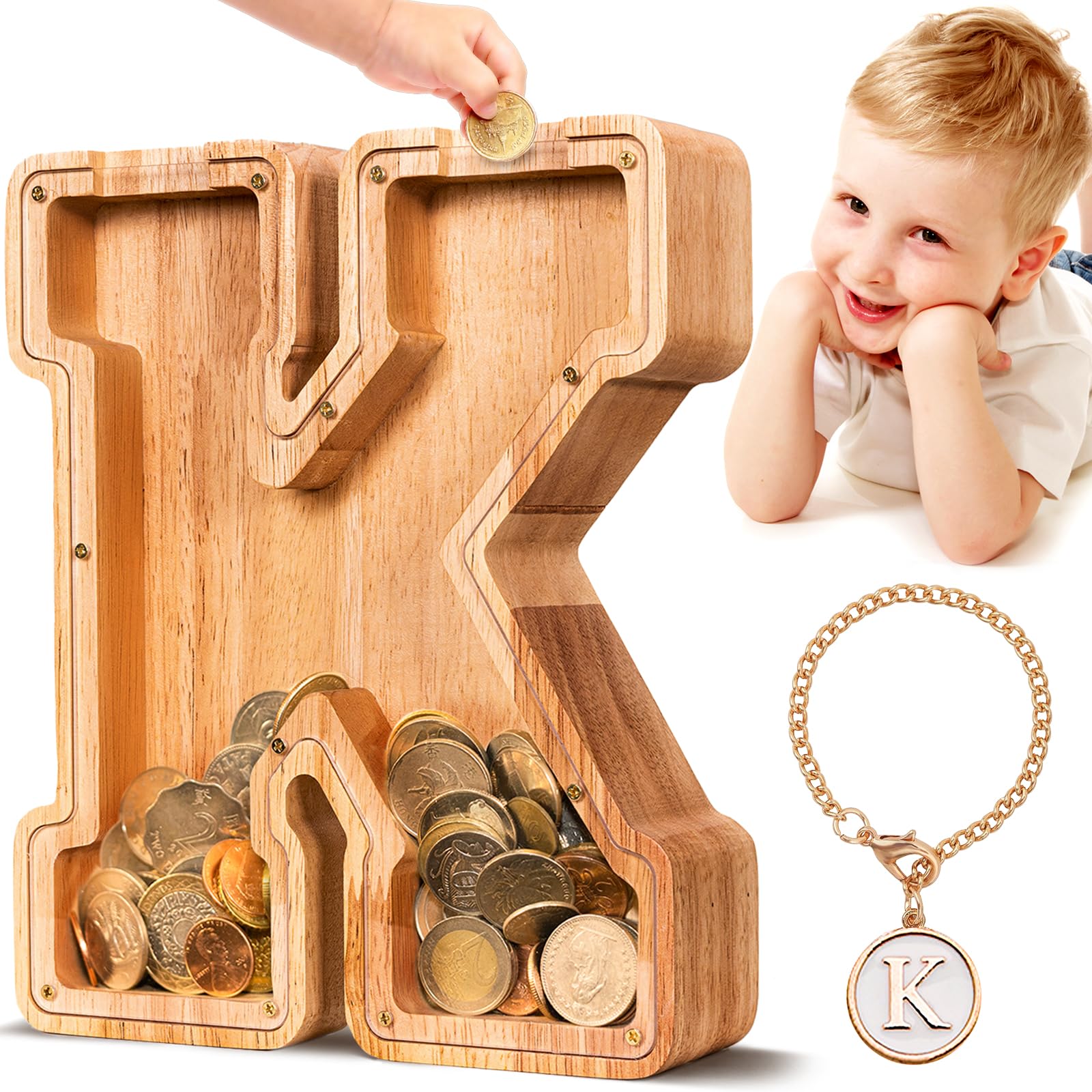 SummiDate Wooden Letter Money Box for Kids, Personalised Piggy Bank for Boys Girls Toddler, Alphabet K Coin Money Bank for Birthday Children's Day Gift