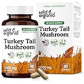 Wild & Organic Turkey Tail Mushroom Capsules 1000 mg - Immune Support - Turkey Tail Extract Supplement - Coriolus Versicolor Mycelium Powder - Vegan, No Fillers, Non-GMO - 90 Count