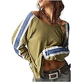 RoseSeek Women's Off The Shoulder Color Block Tee Tops Long Sleeve Loose Casual Fall T Shirts