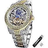 FORSINING Vintage Watch for Men Engraved Automatic Self-Wind Mechanical Big Dial Luminous Moon Phase Golden Hollow Tattoo Pattern Wrist Watches, Mechanical