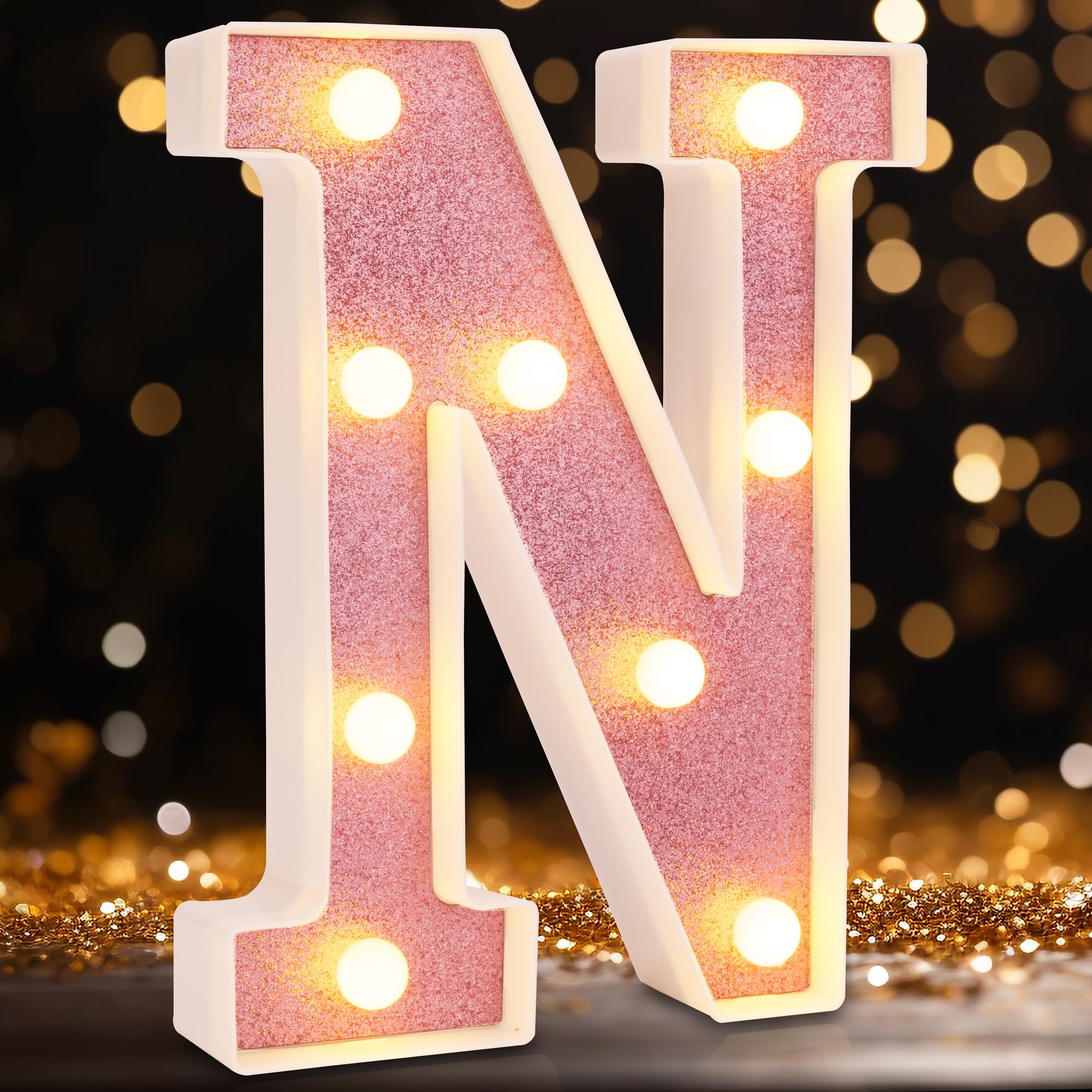 Photo 1 of Small Led Marquee Letters, Light Up Letters, 8.58 Inch Led Letter Lights, Battery Powered Lighted Sign for Table, Party, Birthday, Christmas Decor (Pink Glitter, Letter N)