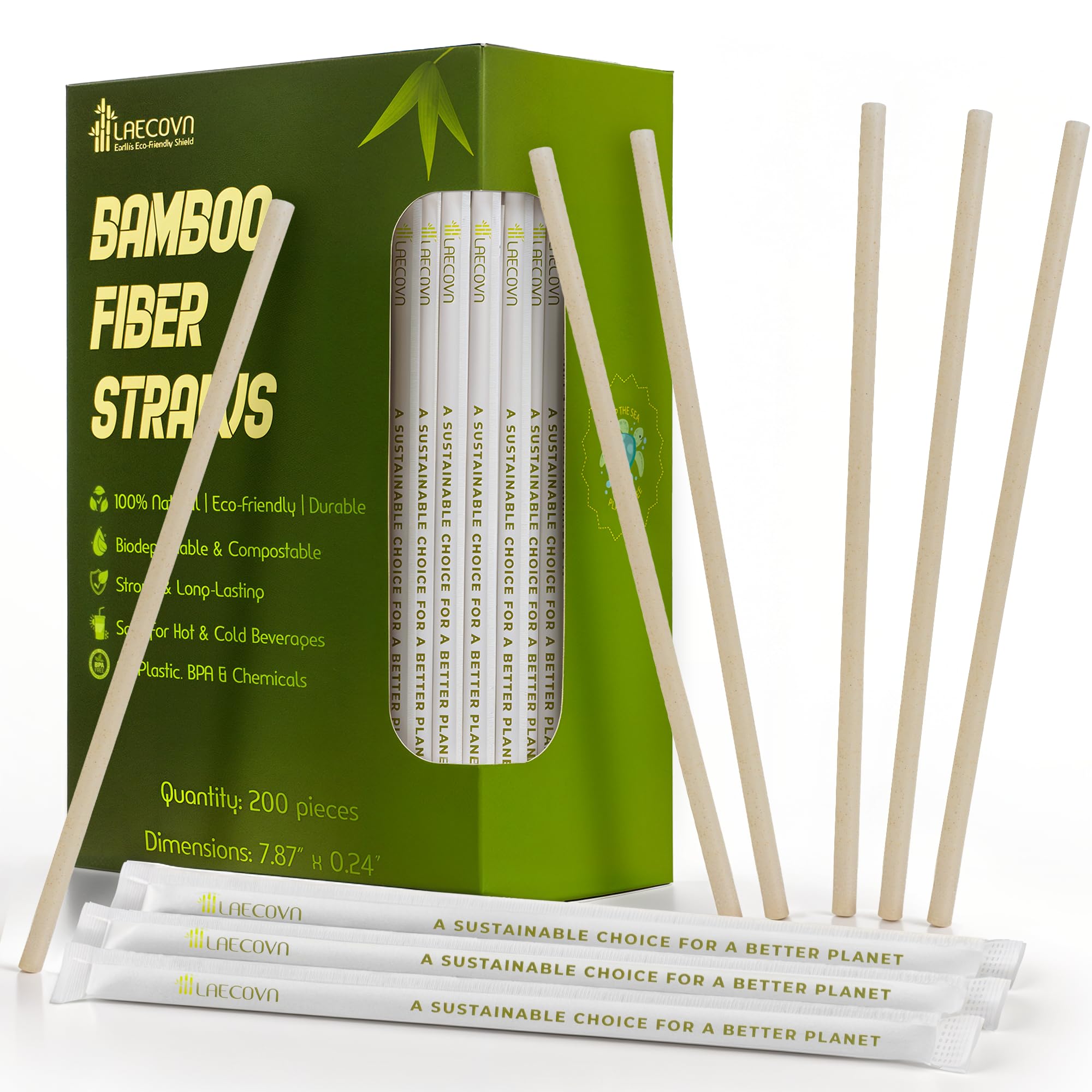 Photo 1 of LAECOVN Bamboo Straws Disposable, 200 Count 7.8" Length - Compostable, Plant Fiber, Durable & Plastic Free Drinking Straw - Perfect for Boba, Smoothie, and Cocktail Straws