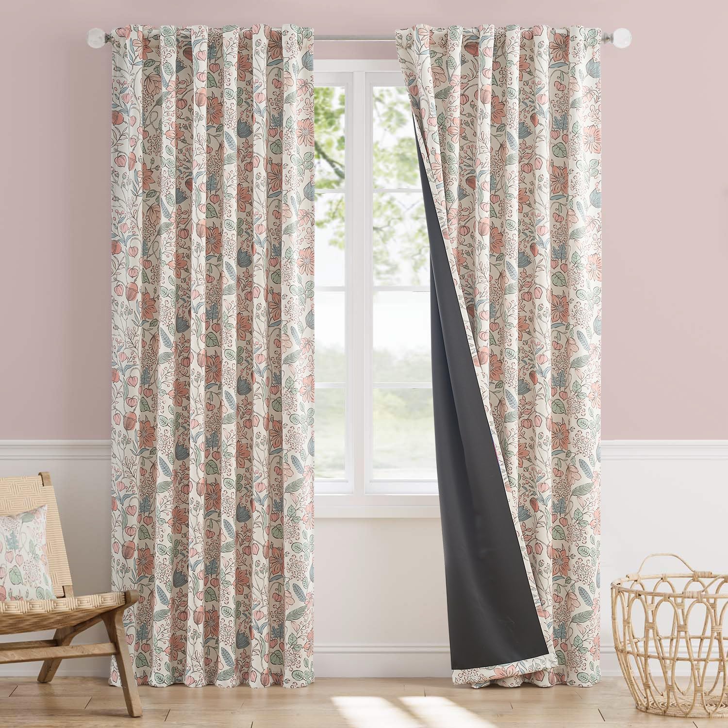 Photo 1 of Vangao Pink Nursery Curtains for Girls Room Easter Floral 100% Blackout Curtains 84 Inch Length Farmhouse Drapes for Bedroom Room Darkening Flower Patterned Window Treatment for Kids Set of 2