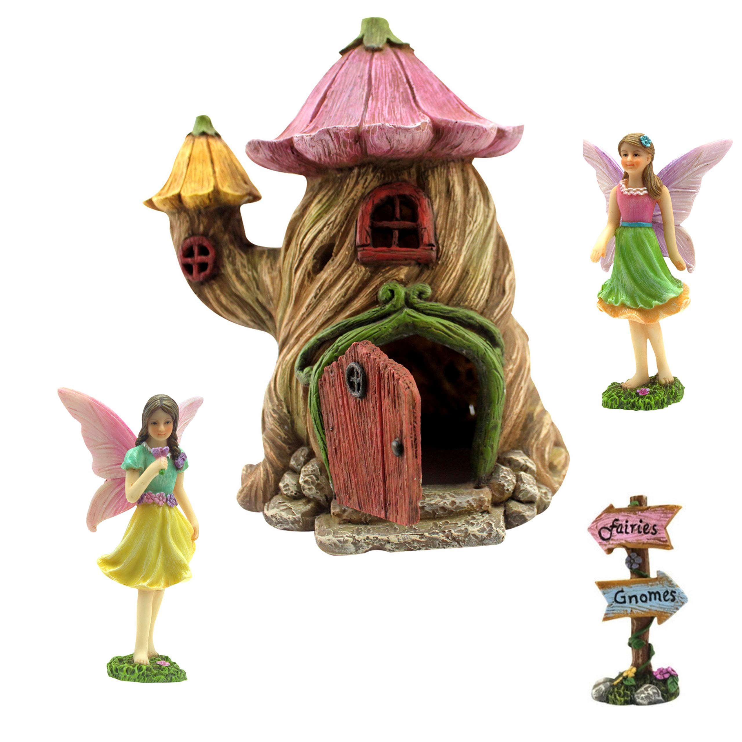 PRETMANNS Fairy House Kit - Fairy Garden Accessories for Outdoor Miniature Village Decor, with Fairies & Sign - Flower Stump House, 18 cm High & Door can Open Wide - 4 Piece Supplies