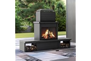 SUNJOY Outdoor Fireplace with Wood Storage and Chimney, Steel Wood Burning Firepit with Mesh Spark Screen Door, Fire Poker, Fireplace Tool & PVC Cover, for Patio Garden Deck Backyard, Black/Dark Gray