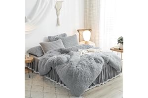 HAIHUA Luxury Plush Shaggy Flannel Velvet (1 Faux Fur Duvet Cover) Fluffy Comforter Bedding Sets 1 Pieces,Zipper Closure (Gray, Queen)