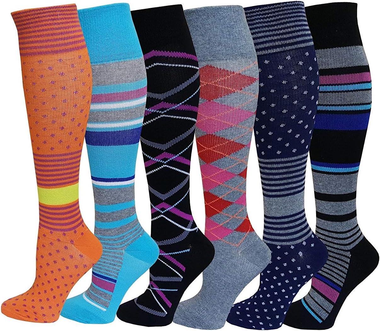 6 Pairs Pack Women Sports, Travelers, Anti-Fatigue, Graduated Compression Knee High Socks 9-11 (New Assorted Design)