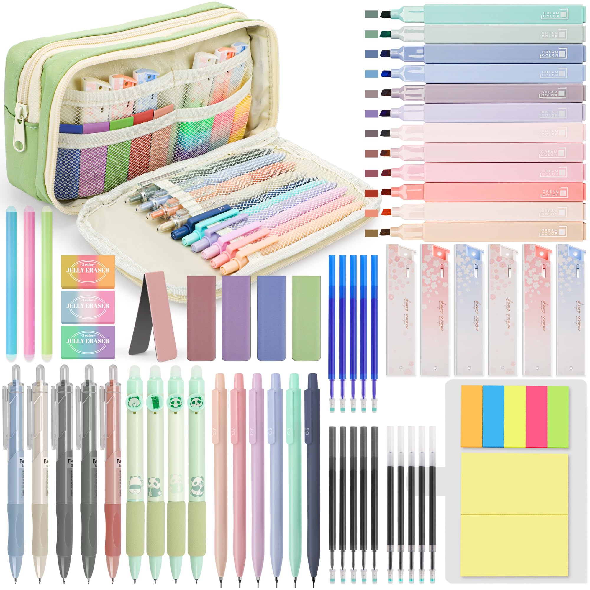DazSpirit 61 PCS Aesthetic Stationery Supplies with Pen Case, 12 Pastel Highlighters, 4 Erasable Pens, 5 Gel Pens, 6 Mechanical Pencils, Stationery Set for Students, Note-taking & Journaling (Green)