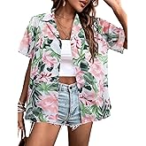 Women Hawaii Shirts: Soft Cool Floral Tropic Print V Neck Summer Tops Short Sleeve Button Up Tops T-Shirt