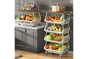 SAYZH Fruit and Vegetable Storage Cart with Wood Top 5 Tier, Stackable Wire Basket with Wheels, White