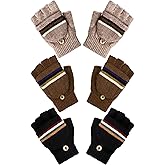 Newcotte 3 Pair Convertible Knitted Fingerless Gloves Kids Warm Winter Knit Flip Top Mittens Gloves Aged 5-12