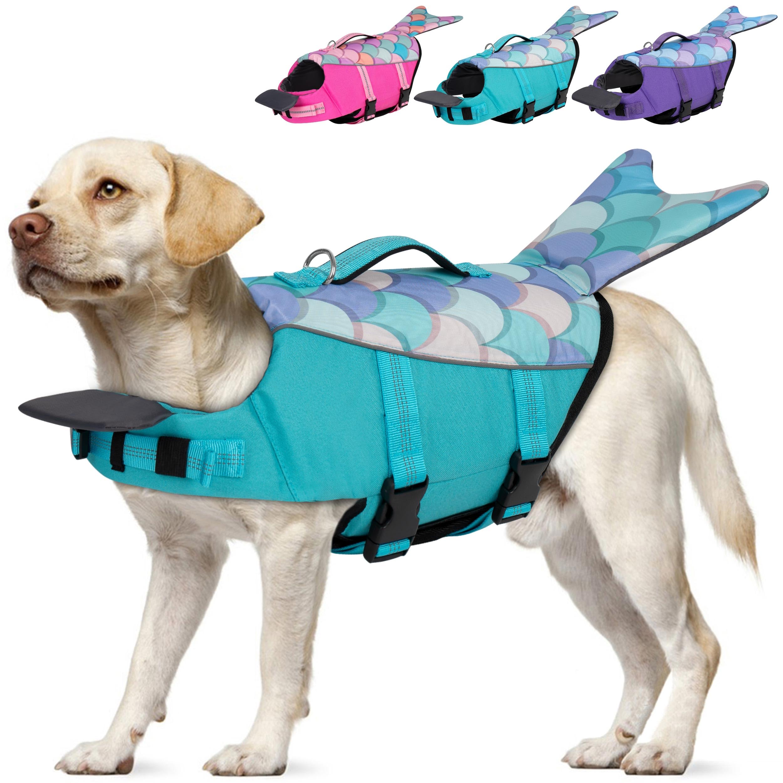 Photo 1 of cyeollo Dog Life Jacket Reflective Mermaid Dog Life Vest for Swimming Boating, High Buoyancy Pet Life Preserver Lightweight Small Medium Large Dog Lifejackets with Front Float, Blue L