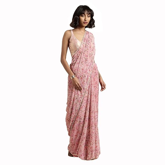 georgette with blouse piece Saree (TKIM740_ Pink_ Free Size)