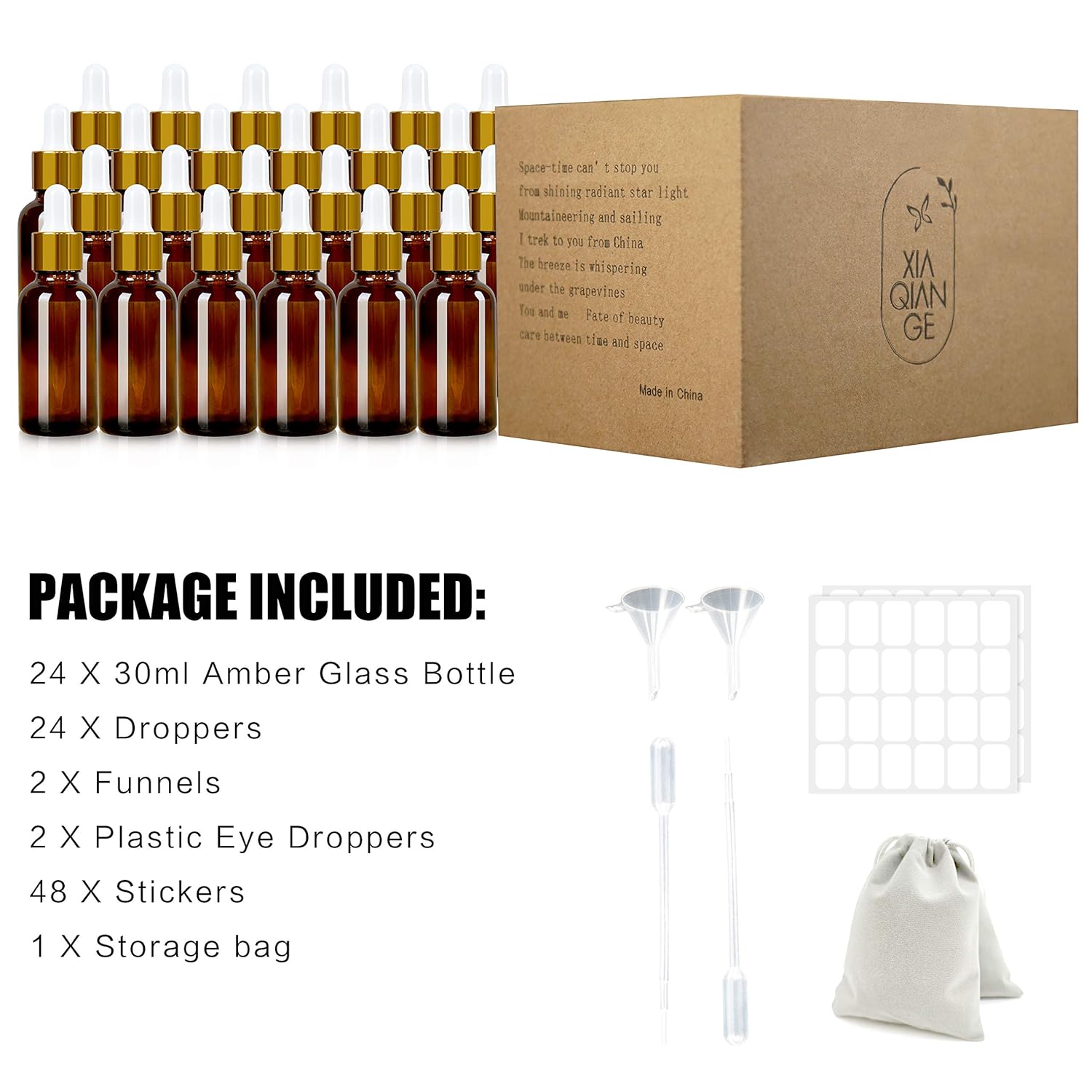 XIA QIAN GE 24 Pack, 1 oz Dropper Bottles for Essential Oils,30ml Amber Glass Bottles with Eye Droppers Tincture Bottles,Leak Proof Travel Bottles for Liquids,Lab Chemicals: Beauty