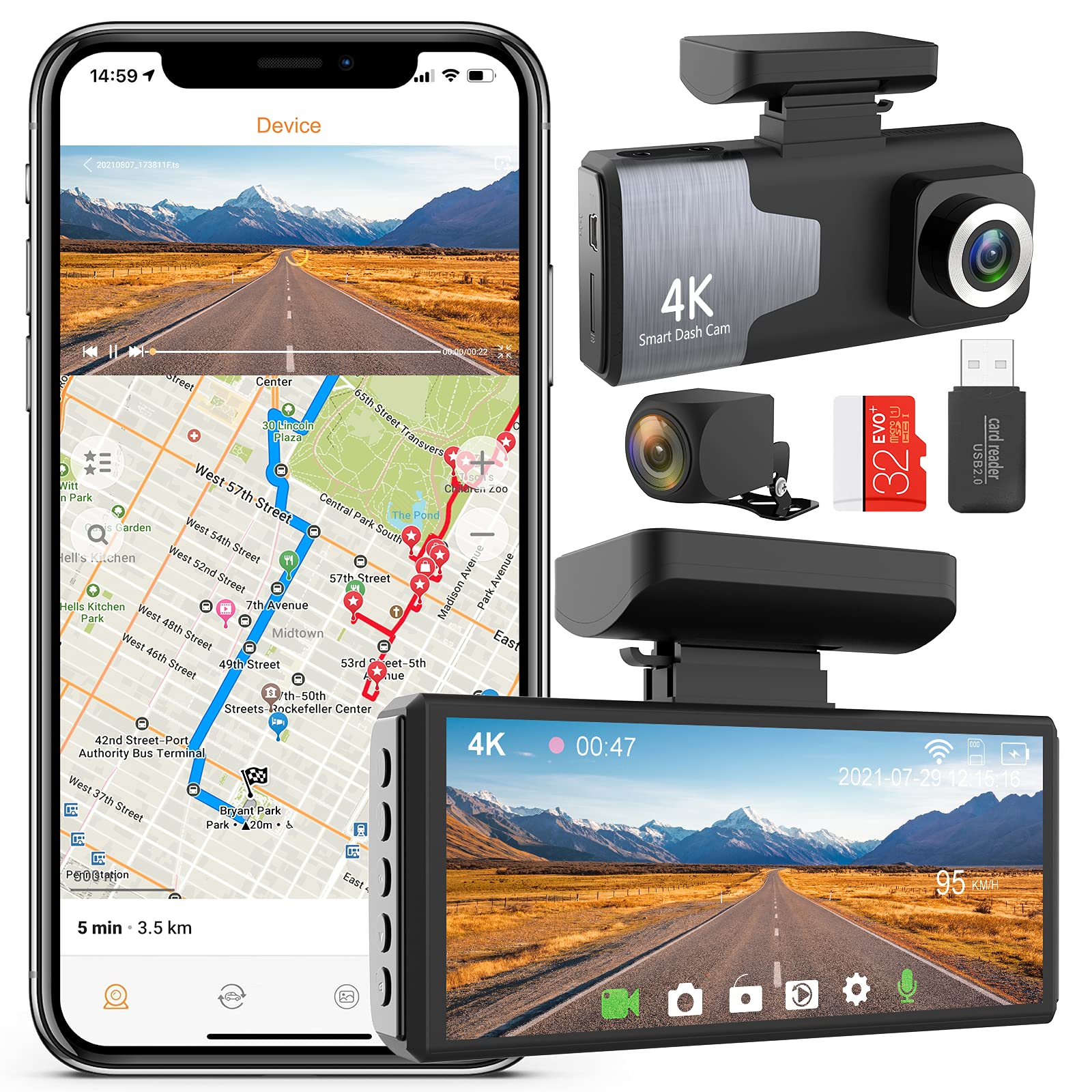 COTTNY Dash Cam Front and Rear Wireless 4K Car Camera, 4” Screen Dual Dash Cam with WiFi, External GPS, Motion Detection, Night Vision, Car Camera Recorder with SD Card Included (32G)