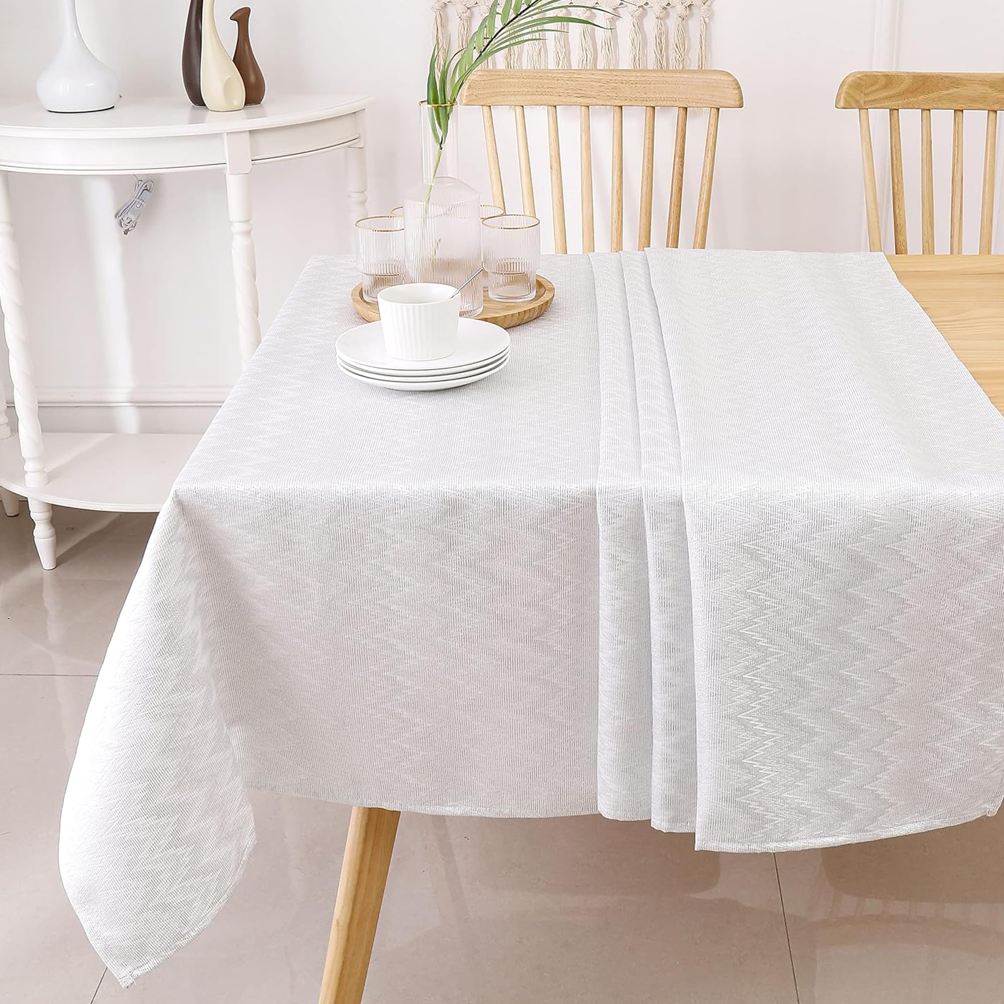 Majestic Giftware Polyester Tablecloths for Rectangle Tables | (70/120) – TC1355 Jacquard Zigzag Silver Print Hem Stitch Dining Table Cover | Decorative Washable Tablecloth for Kitchen, Dining