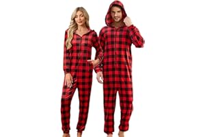 U2SKIIN Matching Pajamas for Couples Onesie, Ultra Soft Plaid Hooded Pjs Set Christmas Zipper for Men and Women Warm Jumpsuit