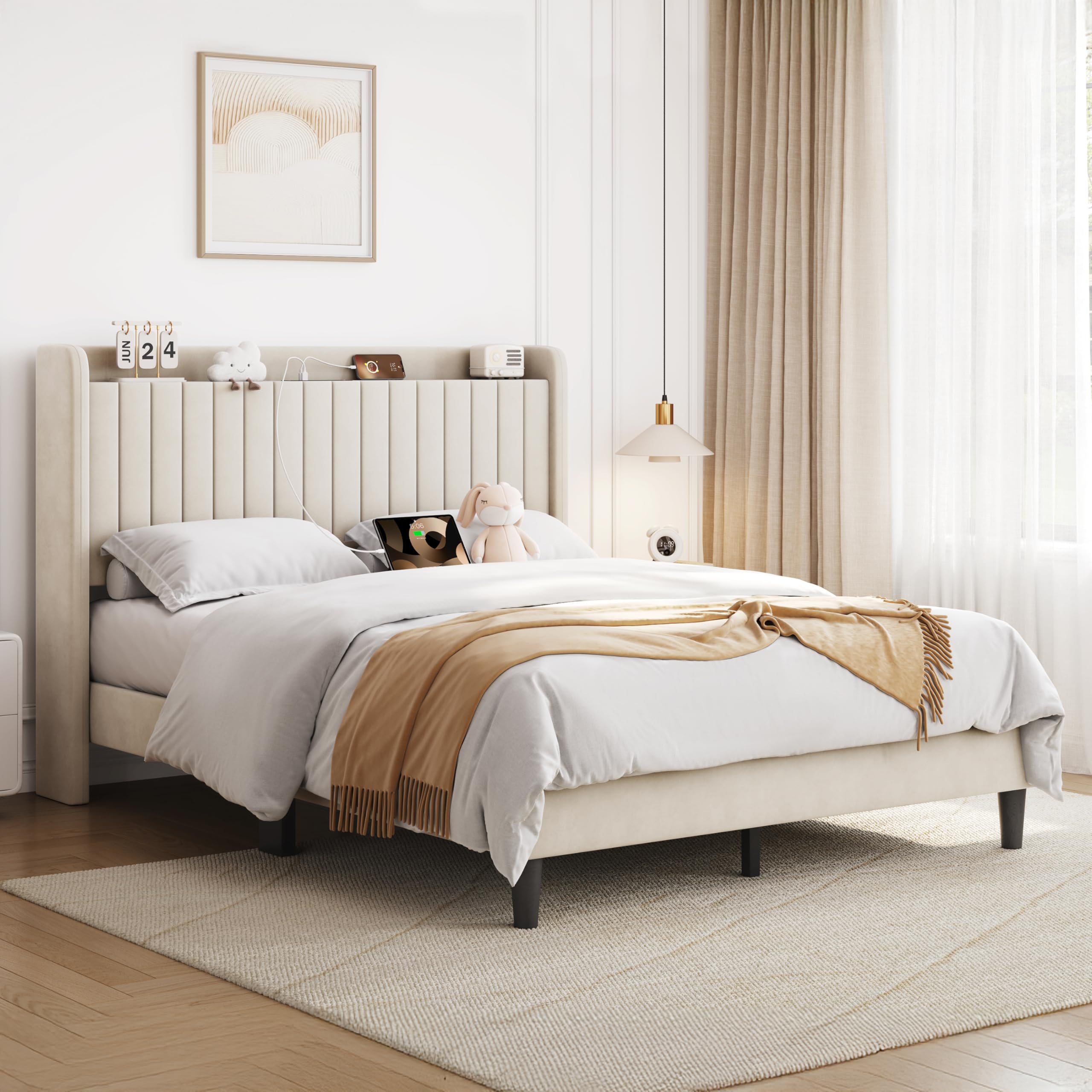 Photo 1 of Yaheetech Queen Bed Frame with USB Charging Station and Storage Shelf/Upholstered Headboard Platform Bed with Wing Side/Wooden Slats Support/Noise Free/No Box Spring Needed/Easy Assembly, Ivory