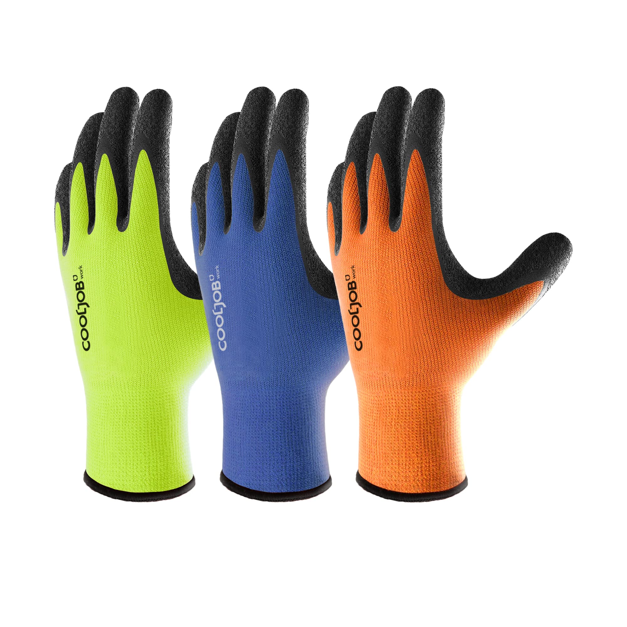 COOLJOB Work Gloves for Men & Women, 3 Pairs Non-slip Crinkle Latex Gardening Gloves with Firm Grip, Safety Work Gloves in High Visible Orange, Yellow, Blue, Large, 3 Pairs L