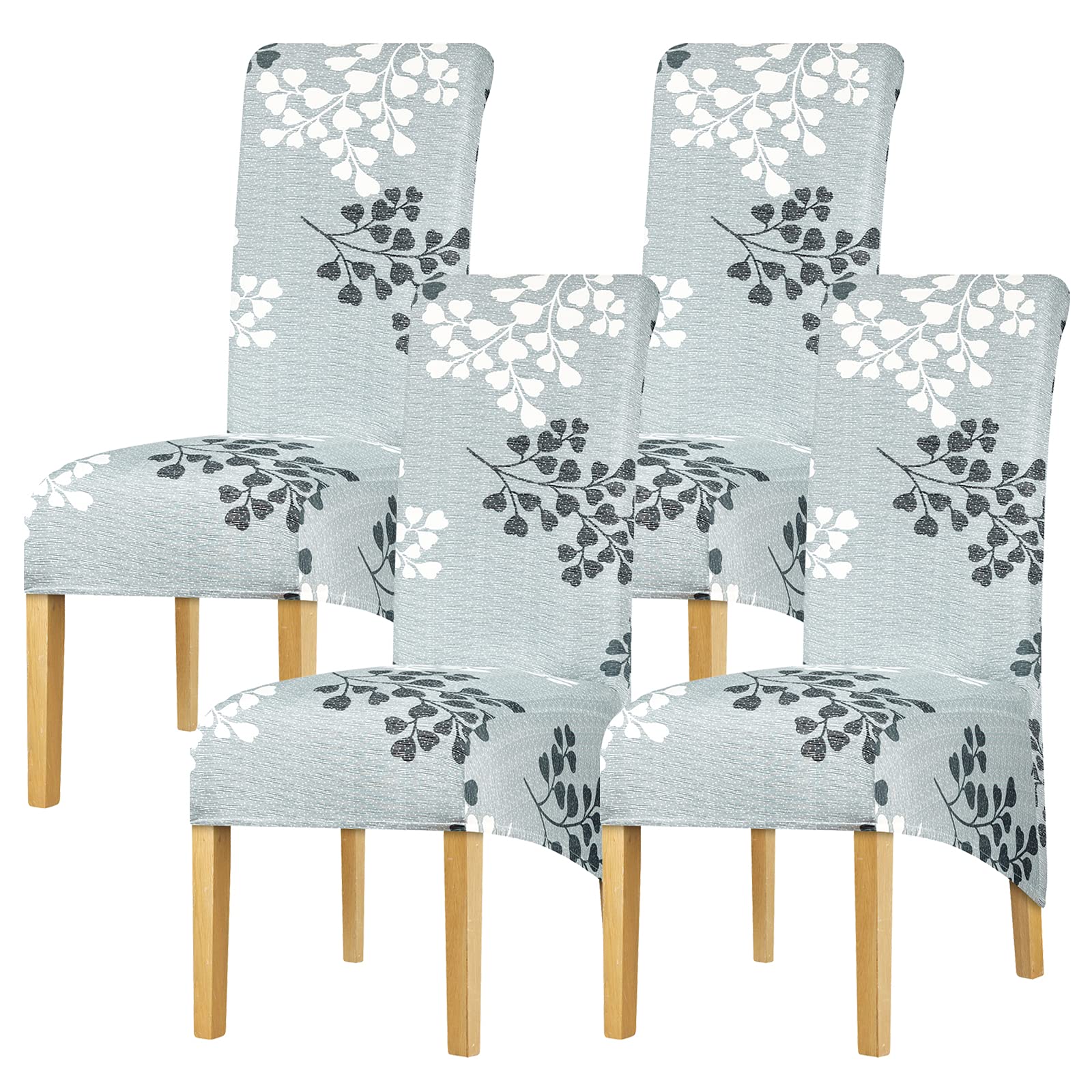 Leorate Ginkgo Leaf Print High Back Dining Chair Covers Set of 4, Stretch Removable Washable Slipcovers for High Back Dining Chairs, Elastic Fitted Seat Cover for Home, Kitchen, Hotel (Gray)