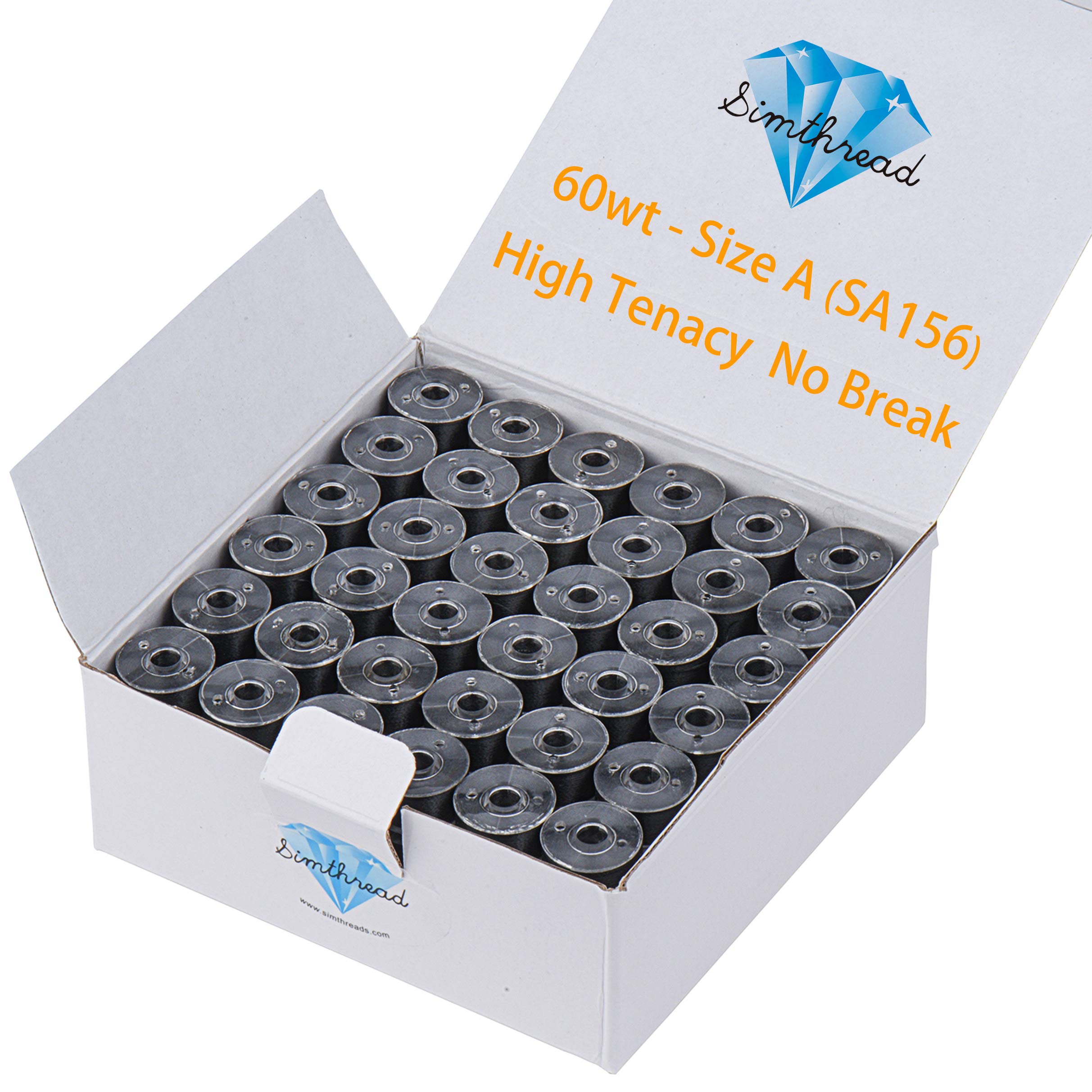 Photo 1 of Simthread 144pcs Embroidery Pre-Wound Bobbins Thread, Class 15 Type A Size SA156, Polyester Black 60 wt, Compatible with Bernina Pfaff Ambition BabyLock Embroidery Sewing Machines Plastic Side(Black)