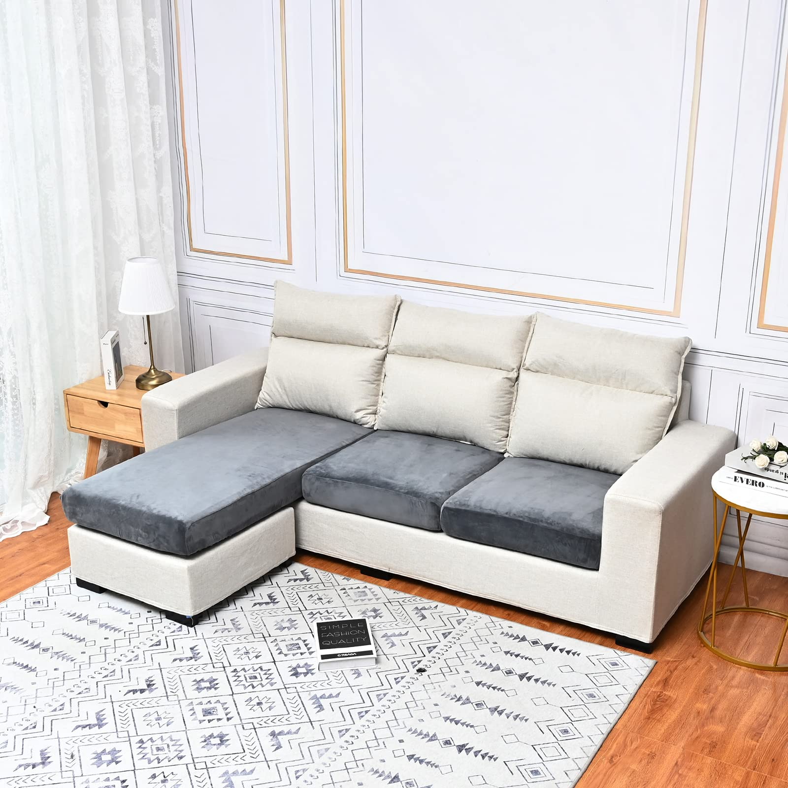 Qelus Velvet Sofa Seat Cushion Cover, 1/2/3/4 Seaters L-Shaped Couch Seat Slipcover, Furniture Protector Cover Separated (Dark Gray,4 Seater)