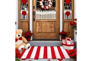 Duraaamo Striped Valentine's Day Rug 24 x 35 Inch Red and White Heavy Cord Valentines Area Rug Machine Washable Front Porch Door Mat Welcome Layered Doormat for Indoor Outdoor Entryway Bedroom Decor