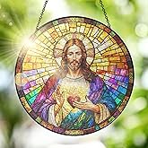 FLAGWIX Christian Gifts for Women Faith - Sacred Heart Stained Glass Window Hanging 8 in - Birthday Catholic Religious Gifts, Suncatchers Windows Hanging, Spiritual Suncatcher Home Garden Decor