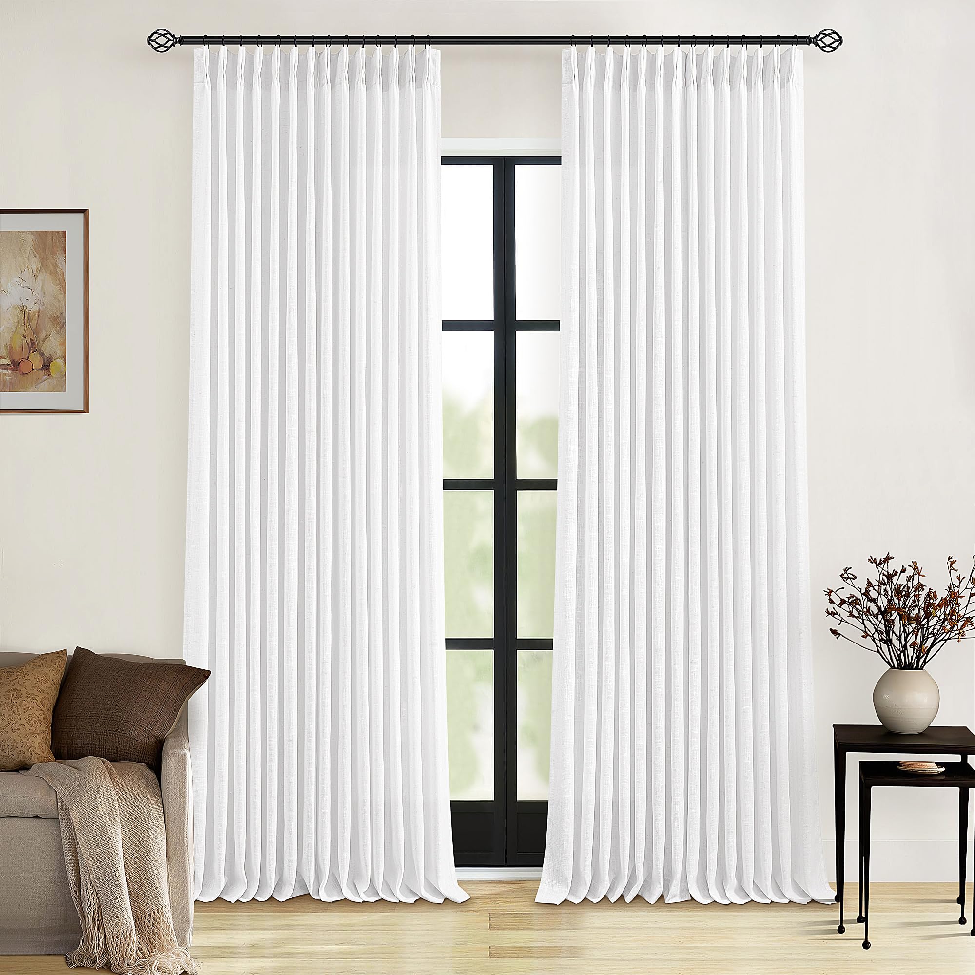 Photo 1 of Pinch Pleated Linen Curtains 108 Inches Long 2 Panels Set for Living Room Bedroom Farmhouse Snow White Cotton Linen Blend Back Tab Pinch Pleat Drapes Ceiling Floor Extra Long Window Curtains 9 Ft