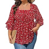 Siddhe Plus Size Women Blouses 3 4 Length Sleeve Tops Square Neck Peplum Shirts Dressy Casual Babydoll Tunics(1X-5X)