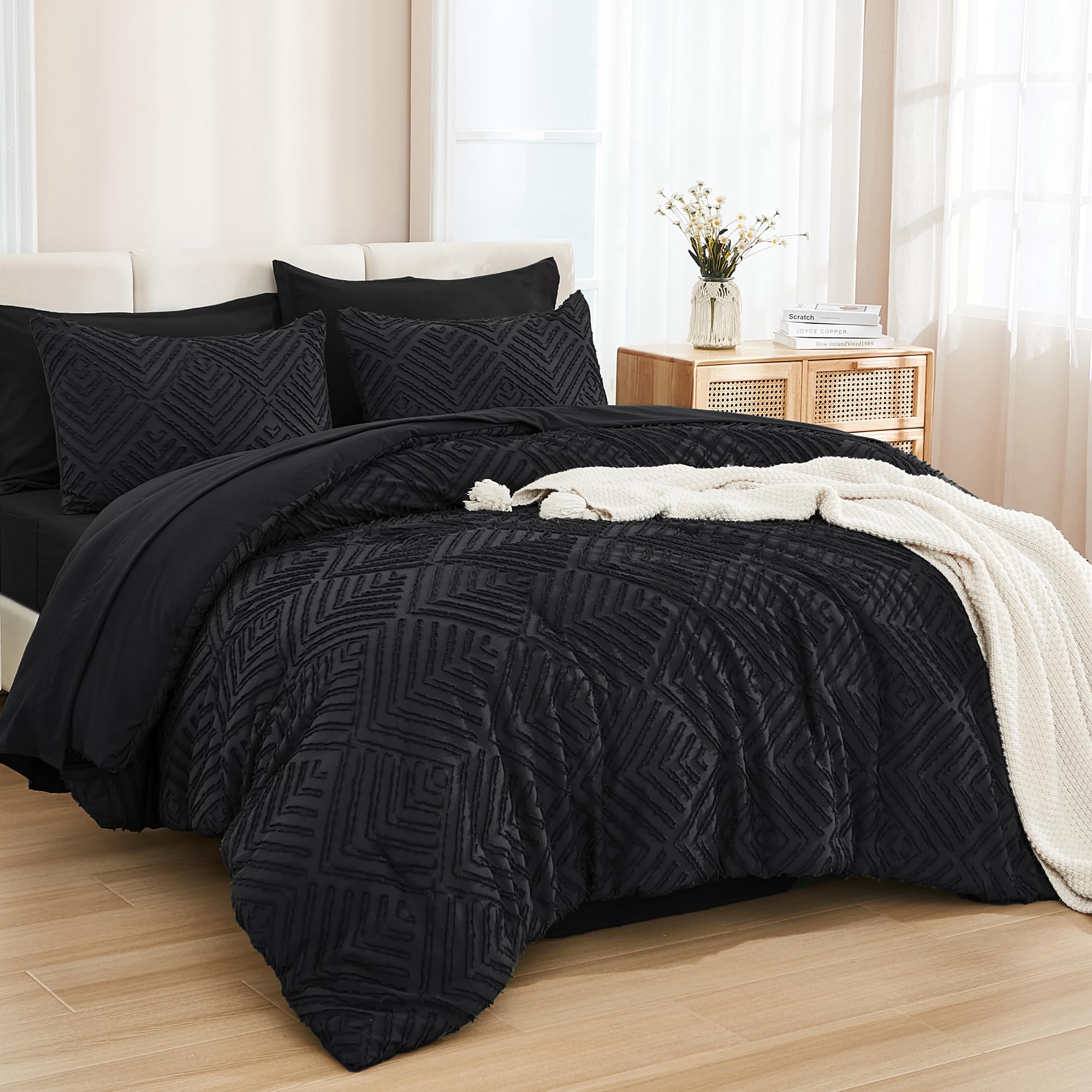 Andency Black Full Size Comforter Sets with Sheets - 7 Pieces Bed in a Bag Boho Tufted Bedding Sets Fluffy Lightweight Full Bed Set with Comforter, Sheets, Pillowcases & Shams for All Season Image