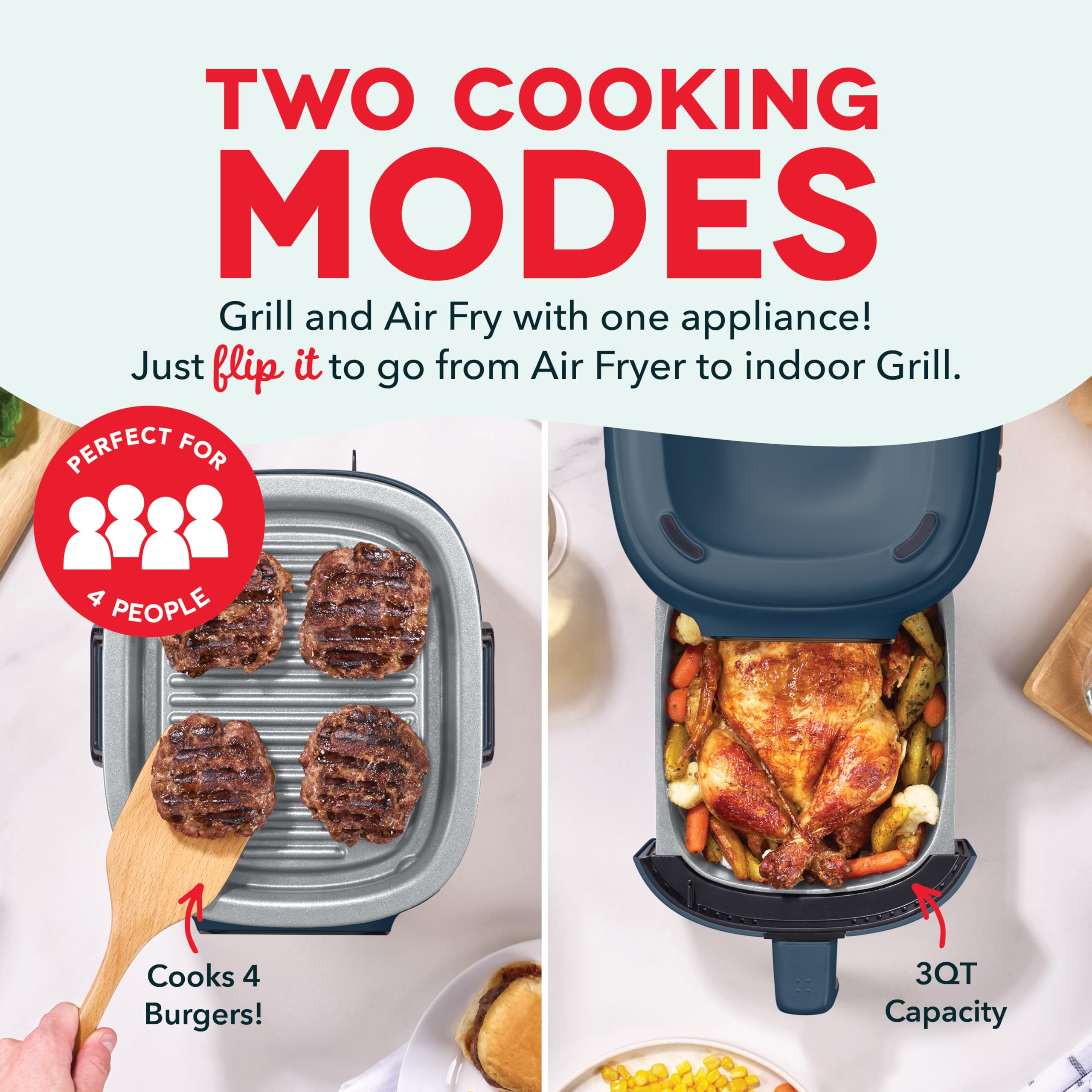 Dash Flip & Fry™ Parrilla digital 2 en 1 + freidora de aire con 4 funciones, capacidad de 3 cuartos, freidora de aire y parrilla interior para papas fritas, alitas, hamburguesas y más - Azul marino