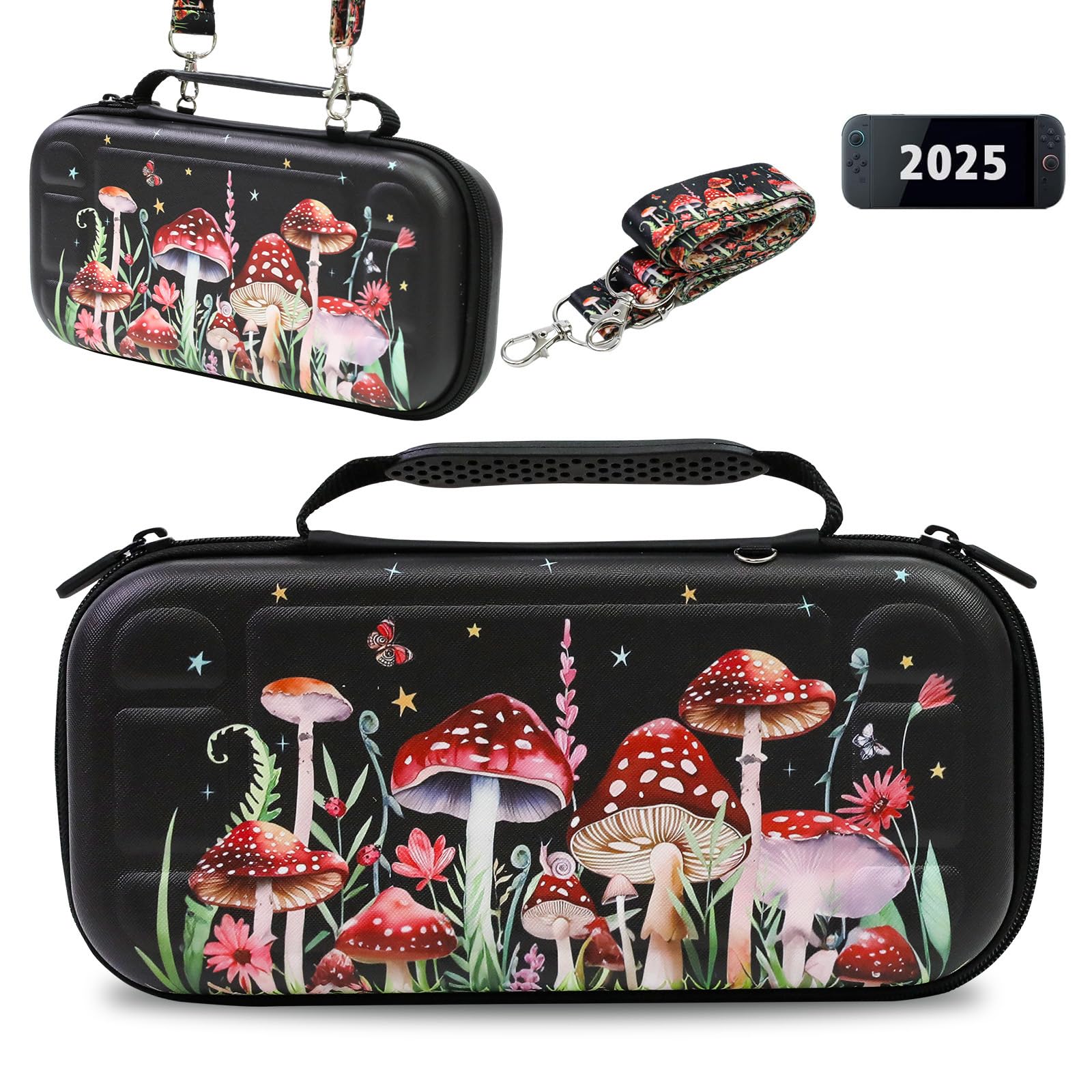 FlyingMage Carrying Case Compatible with Switch 2 2025, Switch2 Hard Shell Storage Bag with 12 Game Card Slots & Shoulder Strap, Cute Travel Carry Case for Switch 2 Console and Accessories, Mushroom