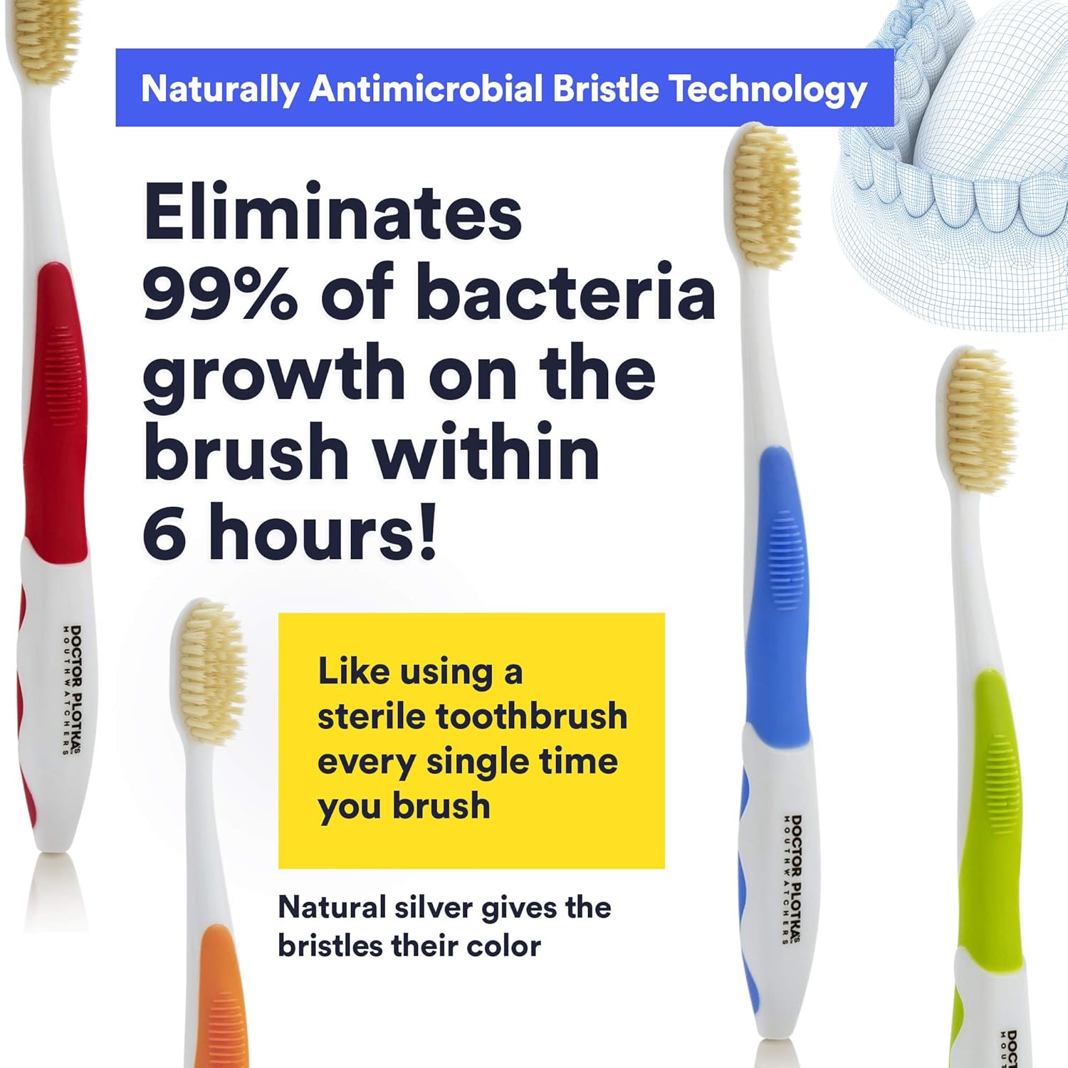 Mouthwatchers Antimicrobial Floss Bristle Silver Toothbrush, Adult, 4 Pack : Mouthwatchers Toothbrush : Beauty