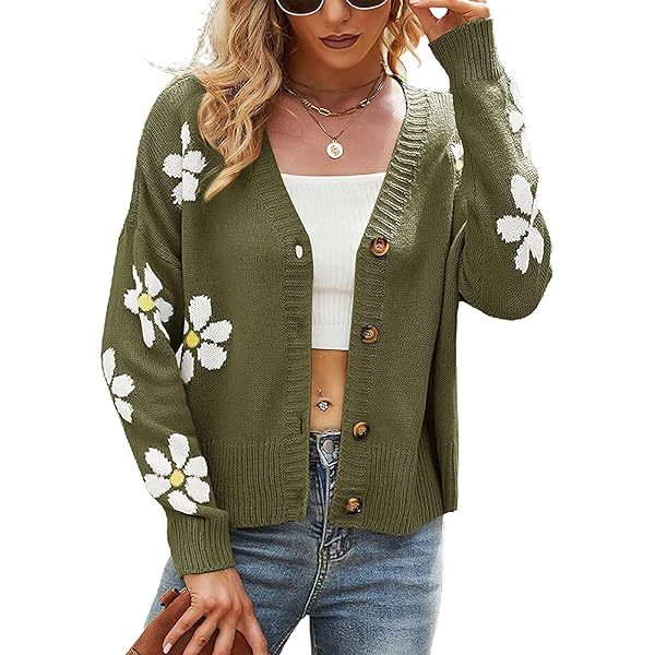 chouyatou Women's Fall Cute Daisy Button Jacquard Knit Cardigan