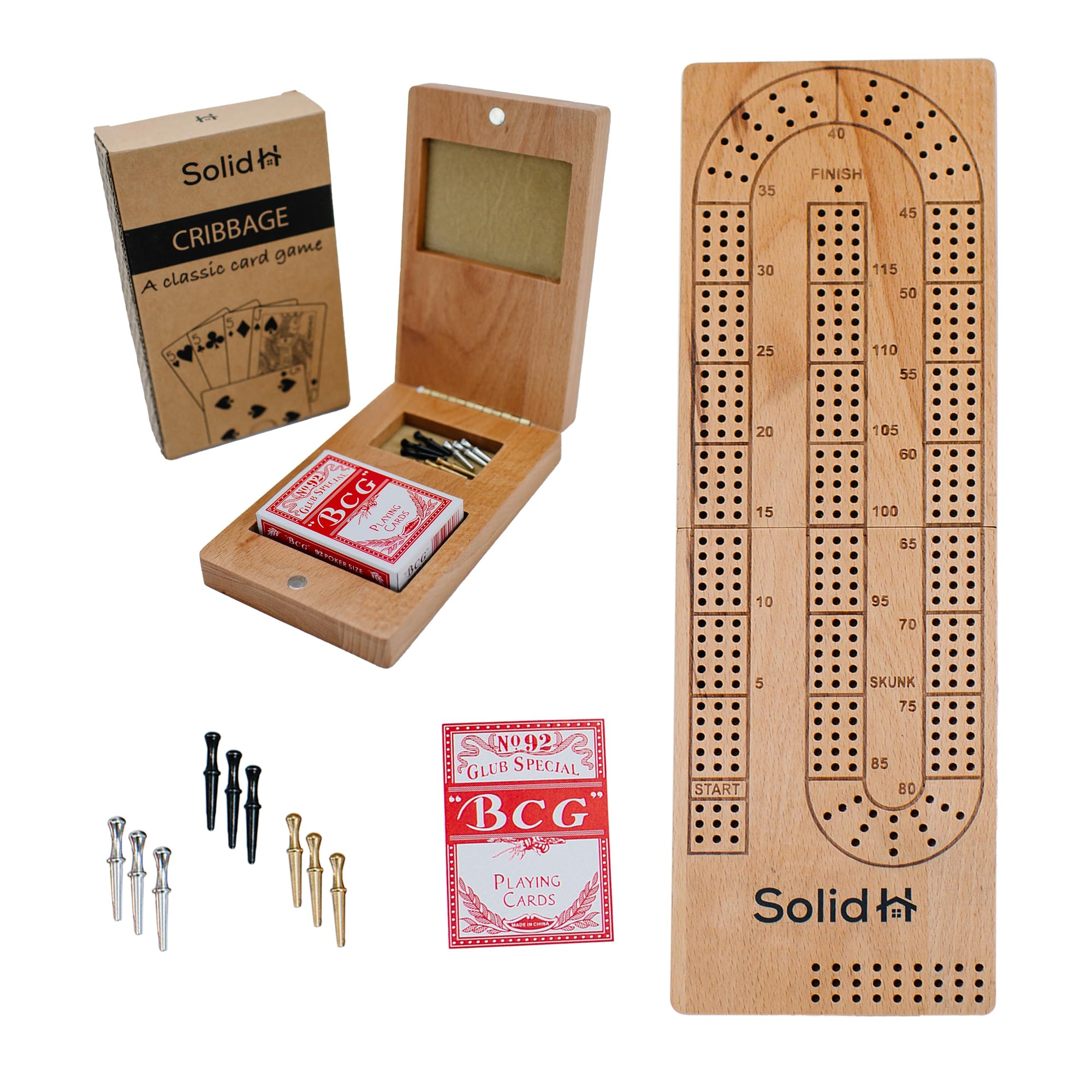 Photo 1 of Foldable Cribbage Board Game Set - Travel Cribbage Board Includes Wooden Board with Storage, Metal Pegs, Deck of Cards, Instructions for 2-4 Players