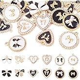 Cheriswelry 24Pcs Enamel Alloy Bow Pendants Gold Rhinestone Bow Charms Black White Bowknot Keychain Charms 17-24mm for DIY Necklace Bracelet Earring Jewelry Making