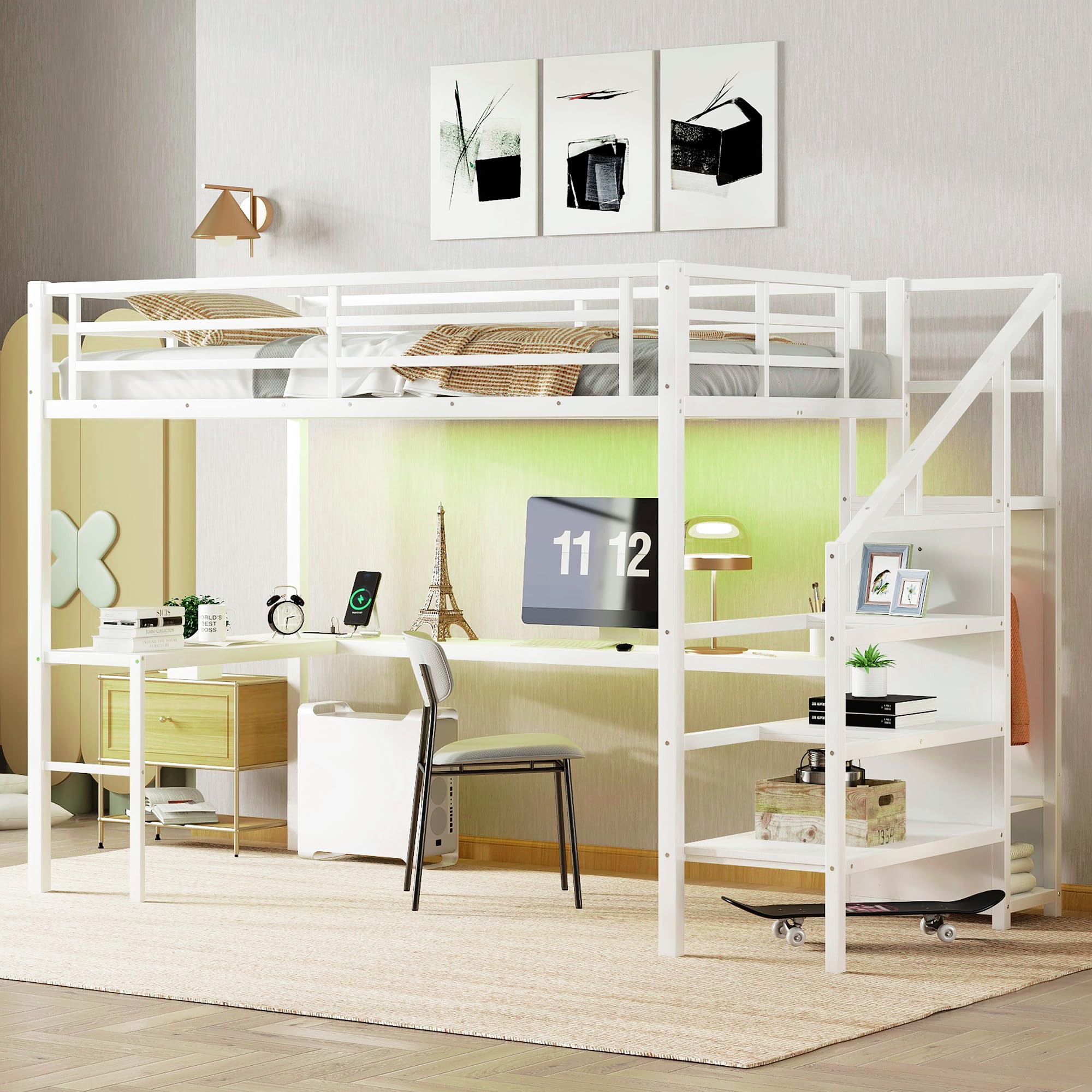 Photo 1 of ****MISSING HARDWARE**** Bellemave Full Size Metal Loft Bed with L Shaped Desk and Wardrobe, Heavy Duty Loft Bed Frame with Storage Stairs, LED Loft Bed Frame with Charging Station & Safety Guardrails, White