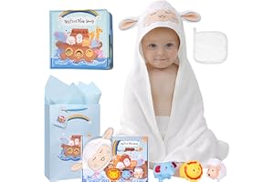 MYMATEZOE My First Noahs Ark 7 pcs Baptism Gift Set, Dedication, Christening and Baptism Gifts for Boys and Newborn Baby, Includes Washcloth and Hooded Towel, Baby Bath Book, 3 Bath Toys and Gift Bag