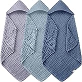 Ease Cubs 3-Pack Muslin Hooded Baby Towels, 100% Cotton, Ultra-Soft & Absorbent Baby Bath Towels with Hood for Babies, Infant, Toddler and Newbron (Grey and Navy Blue Series,32" x 32")