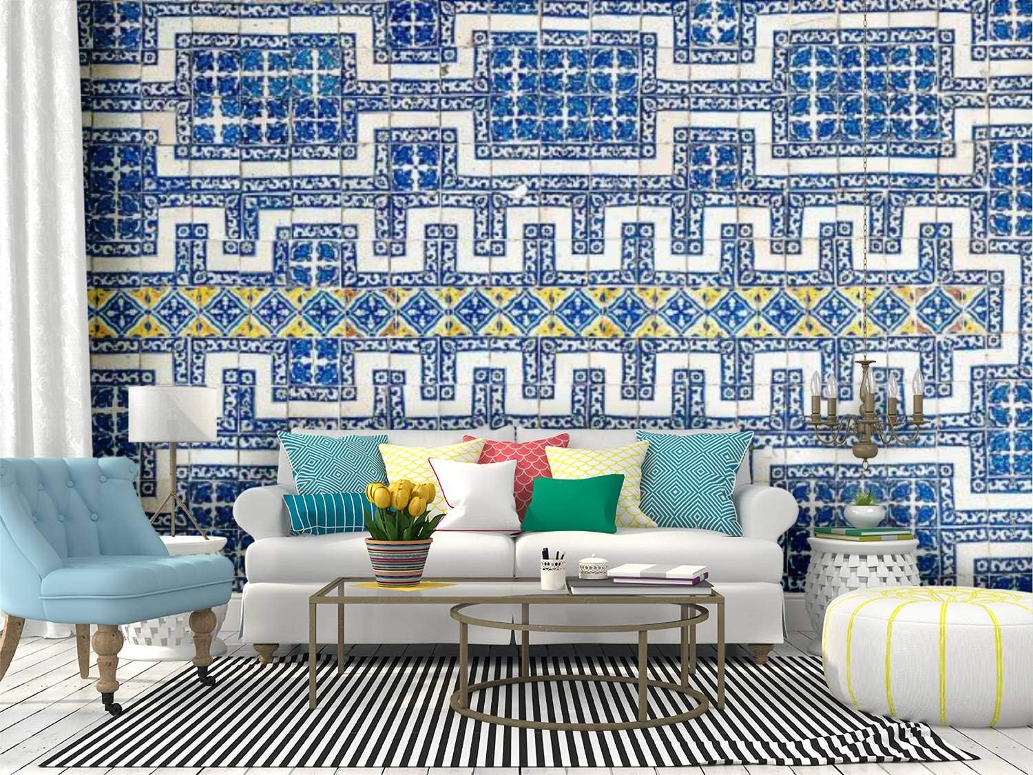 Kanworse Mexican Tile Canvas Print Wallpaper Wall Mural Self Adhesive Peel & Stick Wallpaper Home Craft Wall Decal Wall Poster Sticker for Living Room