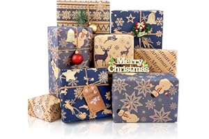 Christmas Wrapping Paper, 6 sheets Navy Blue and Brown Kraft Christmas Wrapping Paper with Stickers Tags, Gift Wrapping Paper