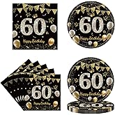 40PCS 60th Birthday Decorations Black and Gold Theme 60 Year Old Disposable Tableware Included 60th Birthday Plates Napkins for Men Women