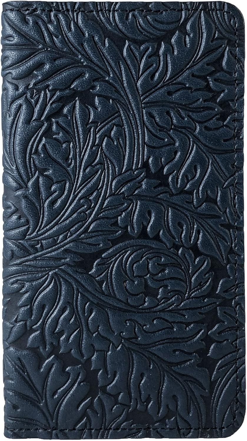 Oberon Design Acanthus Leaf Embossed Genuine Leather Checkbook Cover, 3.5x6.5 Inches, Navy Blue, Made in the USA: Clothing